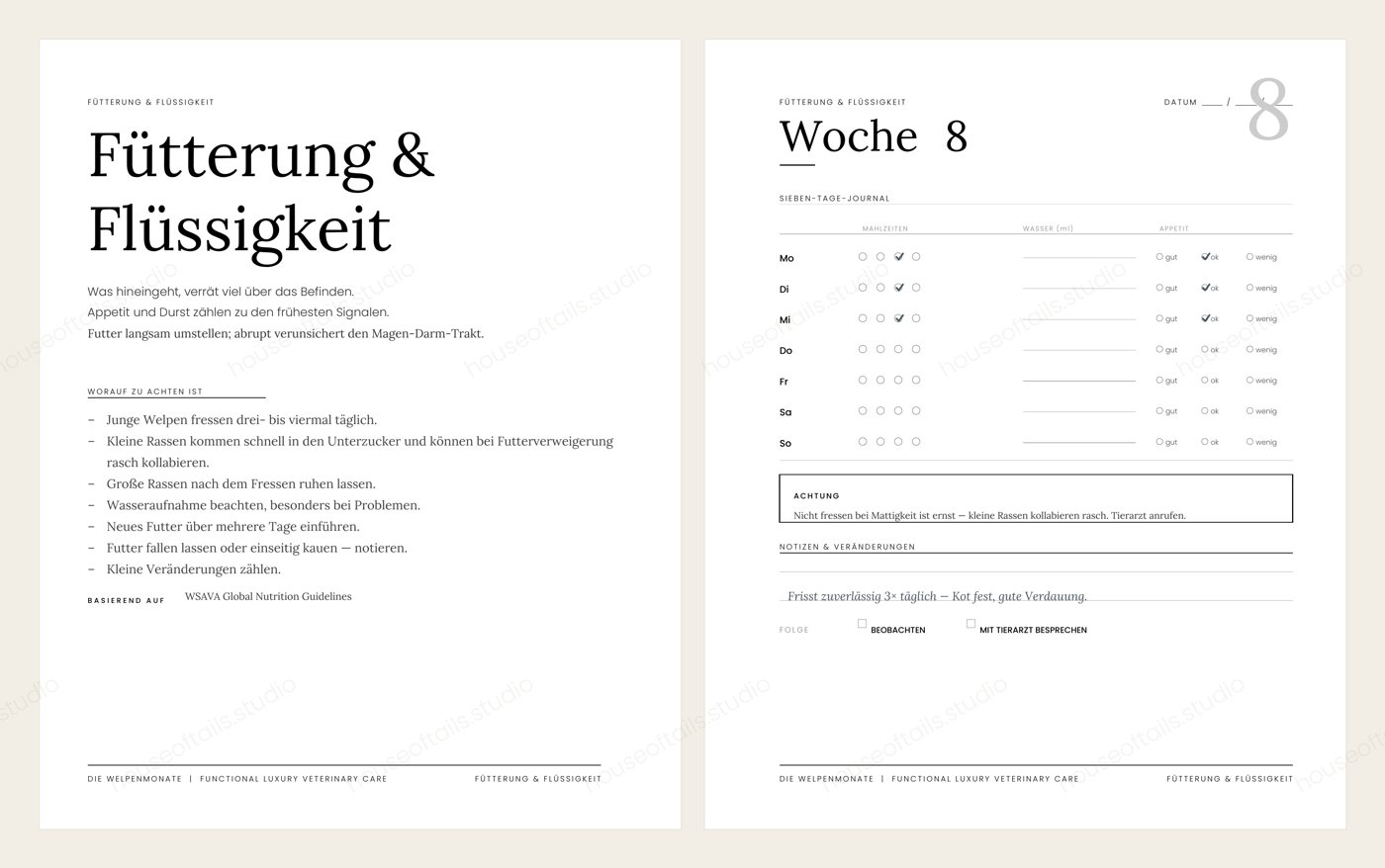 Doppelseite Fütterung & Flüssigkeit mit Sieben-Tage-Journal für Mahlzeiten, Wasseraufnahme und Appetit