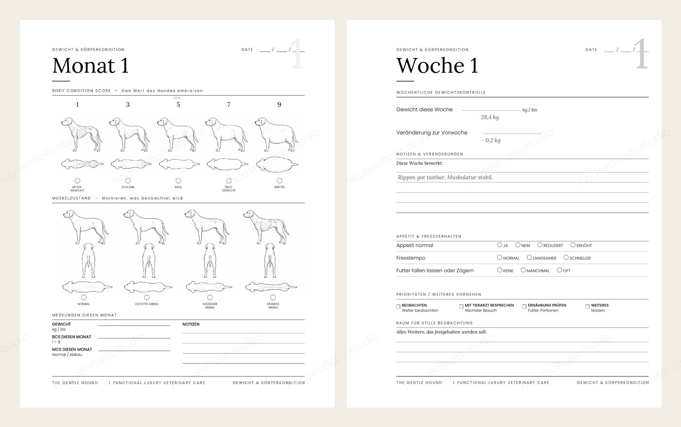 Doppelseite Gewicht & Körperkondition mit Body-Condition-Score, Muskelzustand und wöchentlicher Gewichtskontrolle