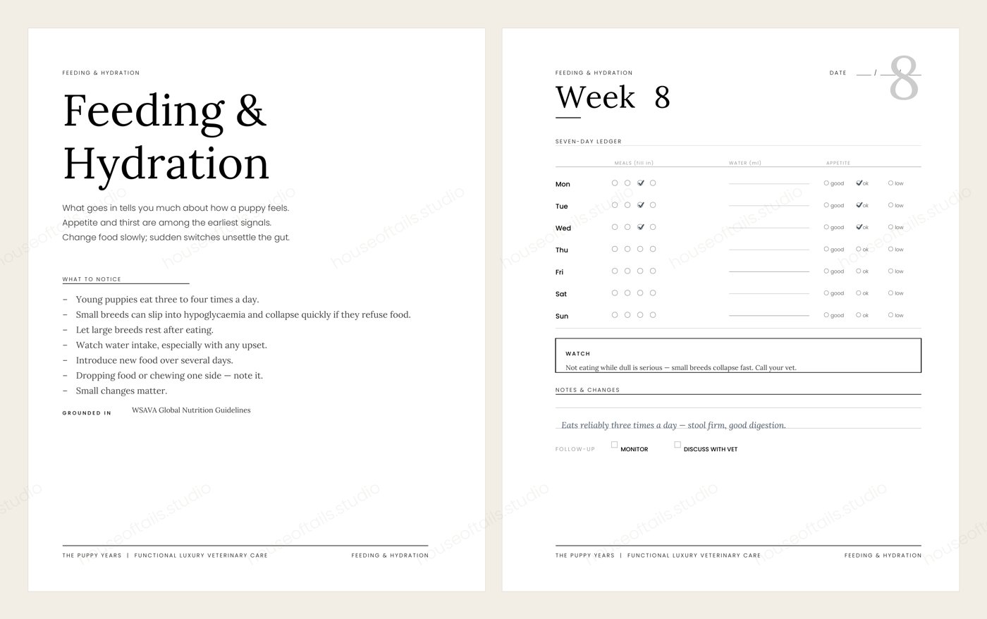 Feeding and hydration spread with a seven-day ledger for meals, water intake and appetite