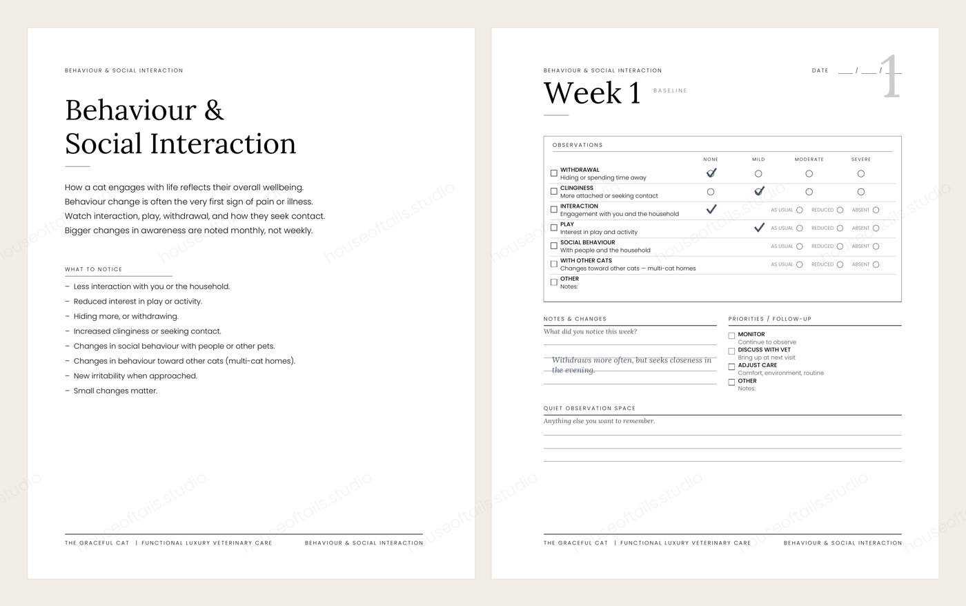 Behavior and social interaction spread in The Graceful Cat, with the weekly entry page