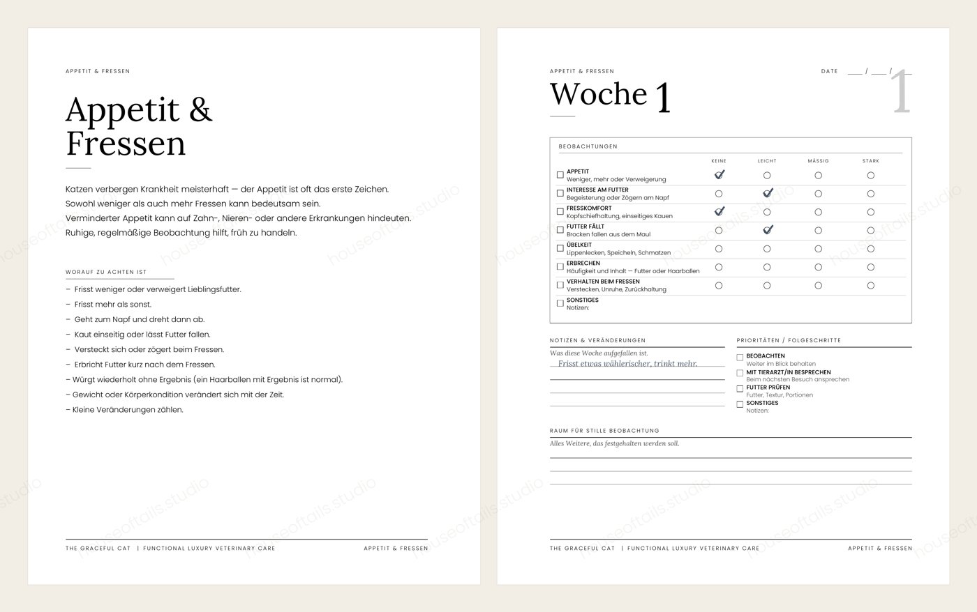 Doppelseite Appetit & Fressen mit wöchentlicher Beobachtung von Appetit, Fresskomfort und Übelkeitszeichen