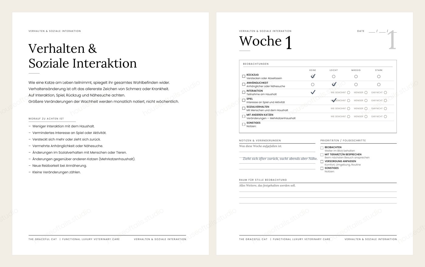 Doppelseite Verhalten & soziale Interaktion im Senior-Journal The Graceful Cat mit Wocheneintrag