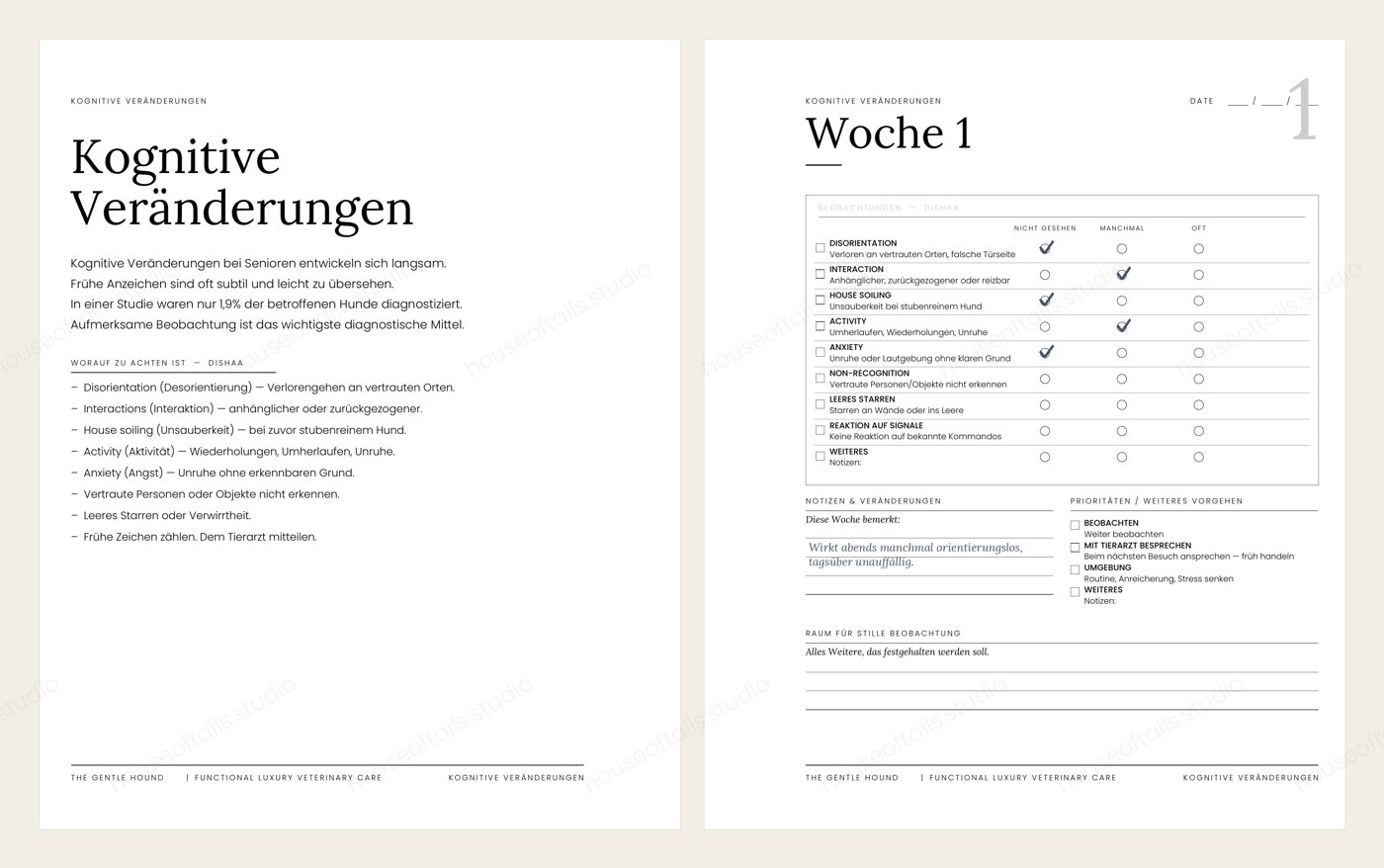 Doppelseite Kognitive Veränderungen mit DISHAA-Beobachtungsschema und Wocheneintrag im Senior-Journal The Gentle Hound